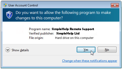 When promted to start remote support session click YES to allow program to run